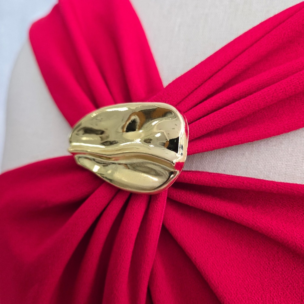 Elegant Red Halter Midi Dress with Gold Hardware Accent A-Line Formal Dress - Picture 6 of 16